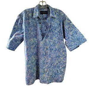 Pete Huntington Bali Handcrafted Hawaiian Shirt Mens L Blue White Floral Vintage